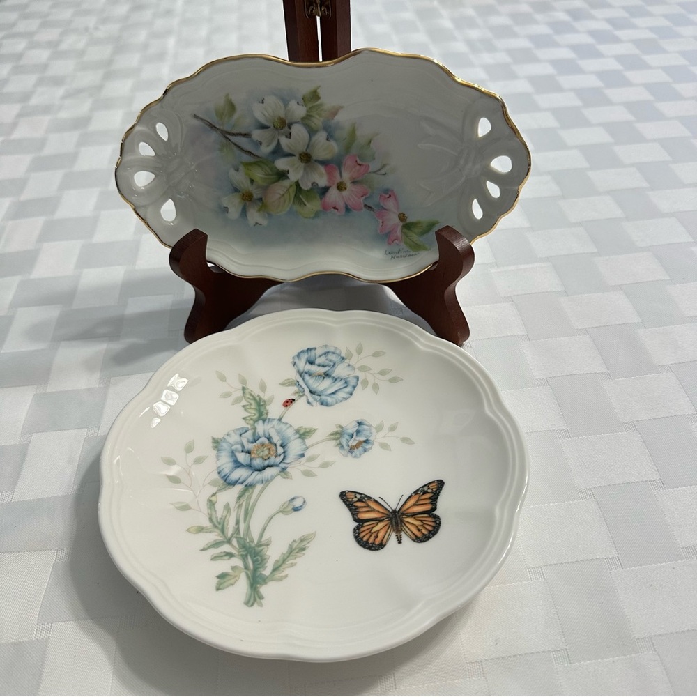 plate. Porcelain Plates with Blue Flowers & Orange Butterfly
